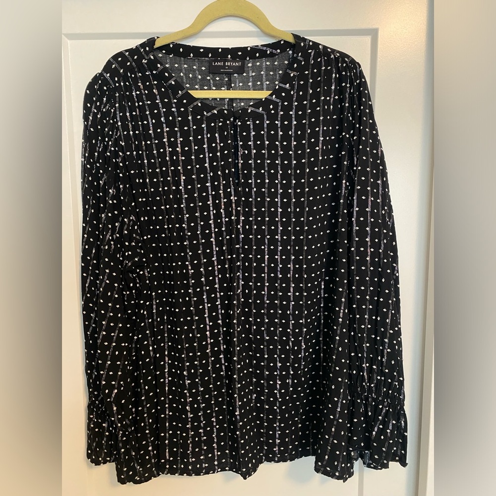 Printed Blouse with metallic stripes, lantern sleeves with flared wrist